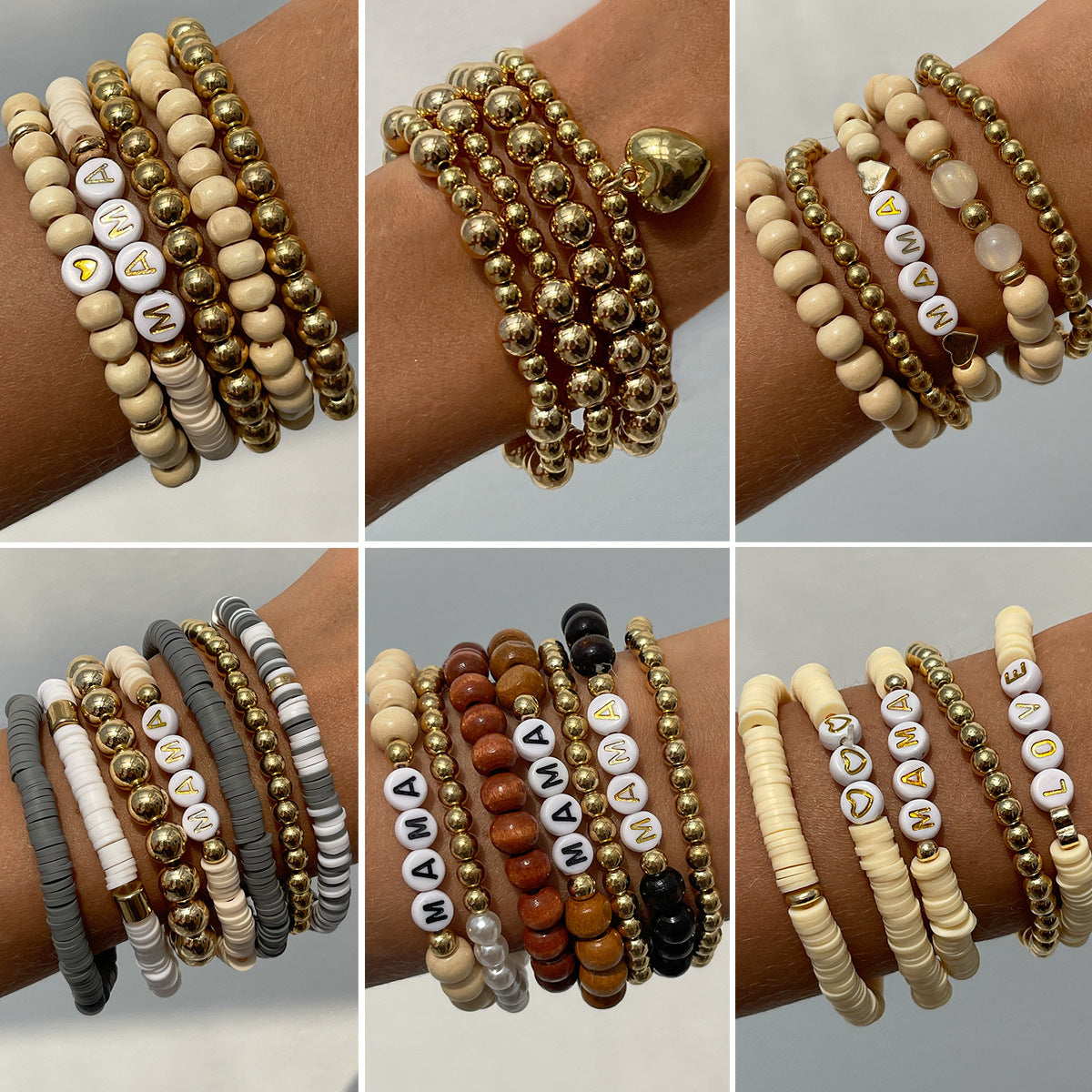Bohemian Vintage Letter Heart Resin Acrylic Plated Bracelet Set for Women
