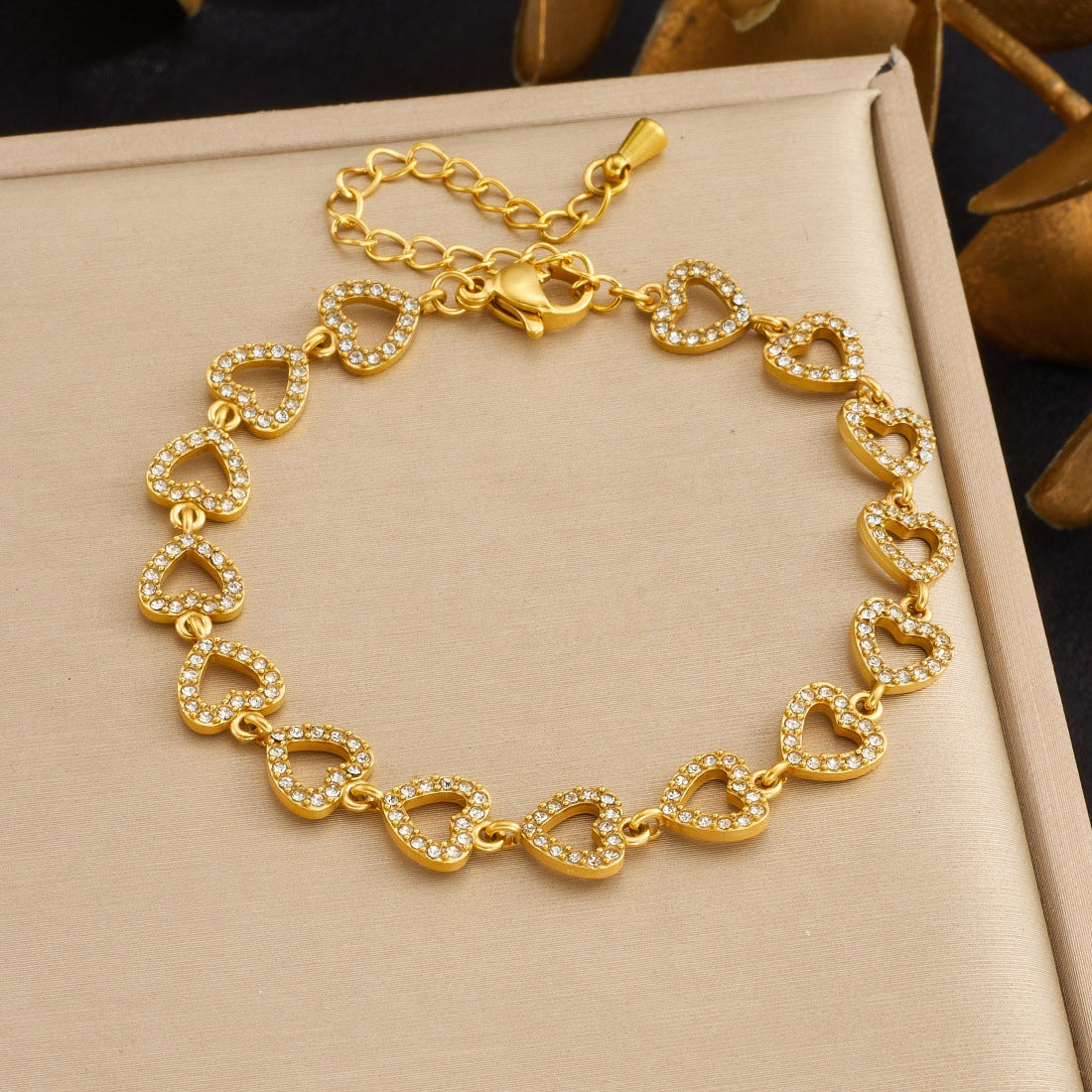 Elegant Gold Plated Stainless Steel Heart Rhinestone Bracelet