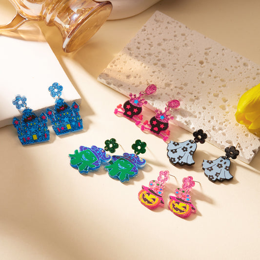 Pendientes acrílicos temáticos de Halloween con diseño de calabaza y fantasma de dibujos animados, joyería de moda galvanizada para mujer