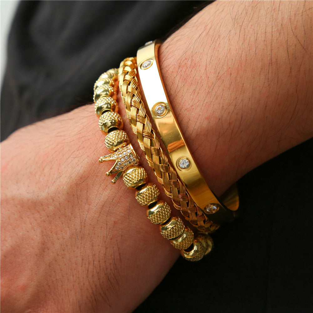 Geometric Roman Letter Crown Woven Titanium Steel C-Shape Open Bangle Bracelet Set for Women