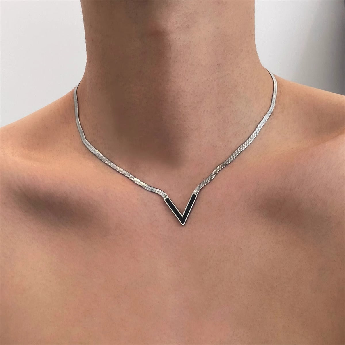 Minimalist V-Shaped Titanium Steel Necklace for Women with Flat Snake Chain and Letter Accent