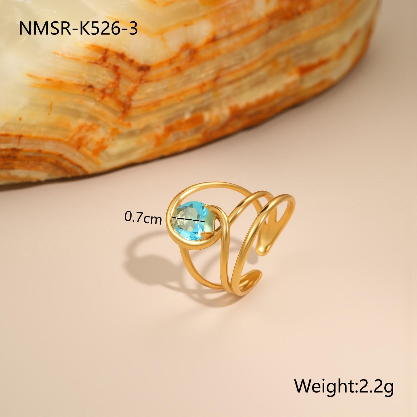 Anillo minimalista de acero inoxidable hueco geométrico con incrustaciones de circonita azul y baño de oro de 18 quilates para mujer