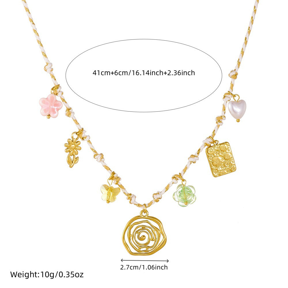 Sweet Gold Plated Stainless Steel Floral Heart Square Geometric Charm Bar Necklace for Women
