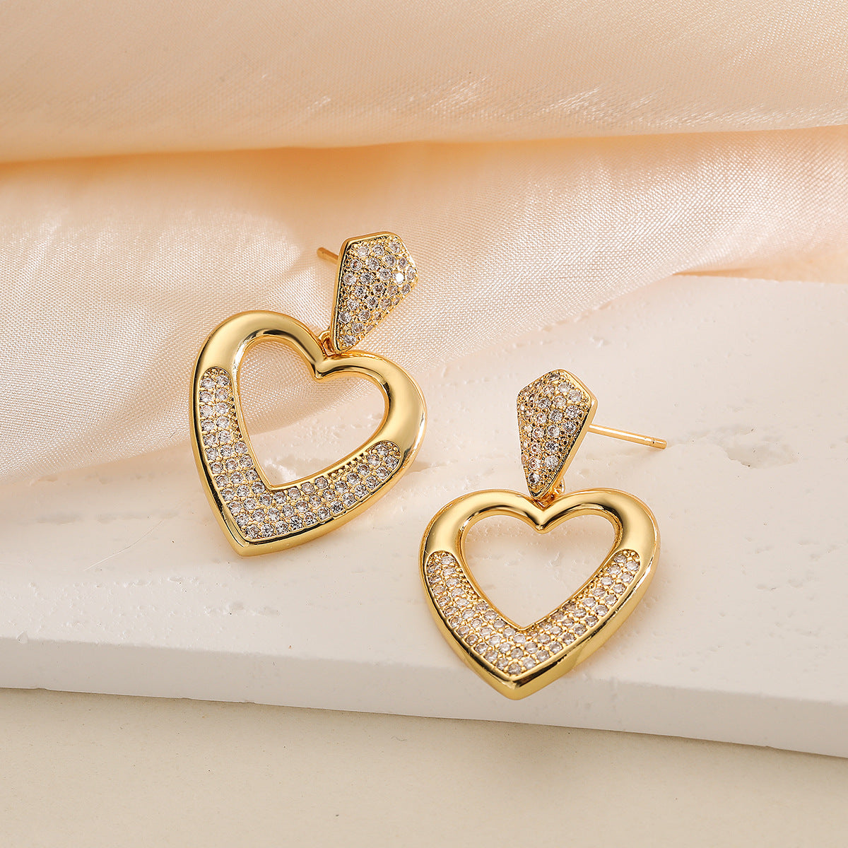 Minimalist Heart-Shaped Copper Earrings with Real Gold Plating and Zircon Inlay, Hollow Design for Women