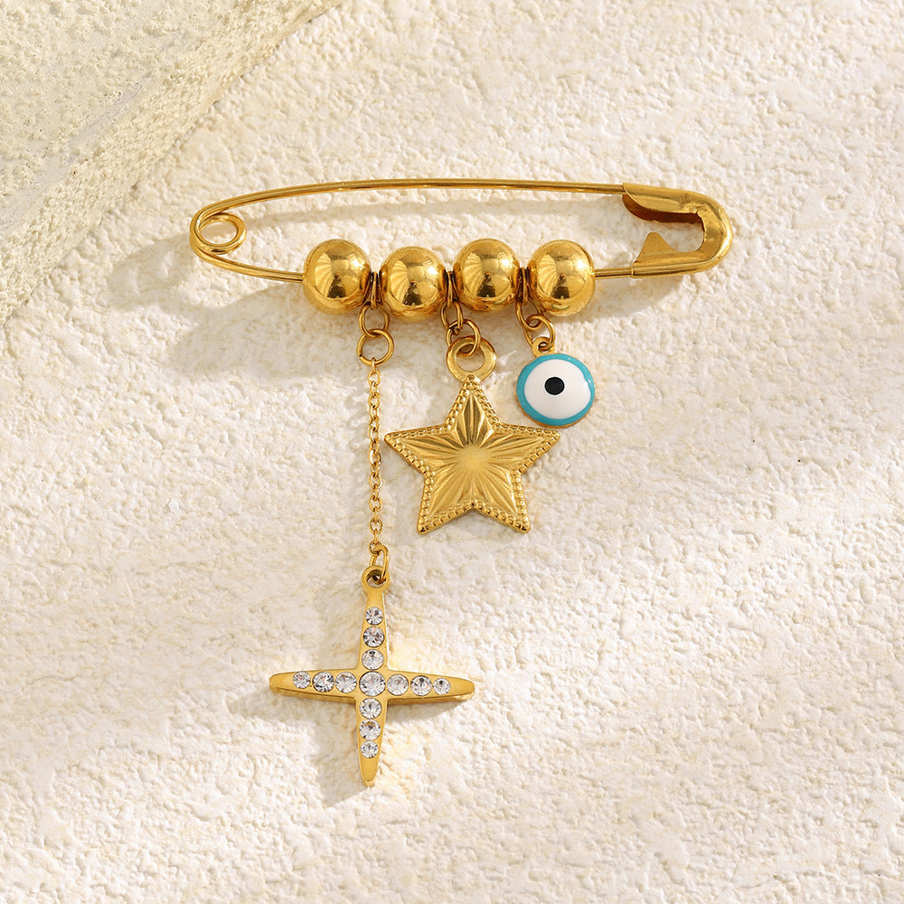 Broche de estrella y ojo minimalista geométrico de acero inoxidable chapado en oro de 18 quilates para regalo unisex