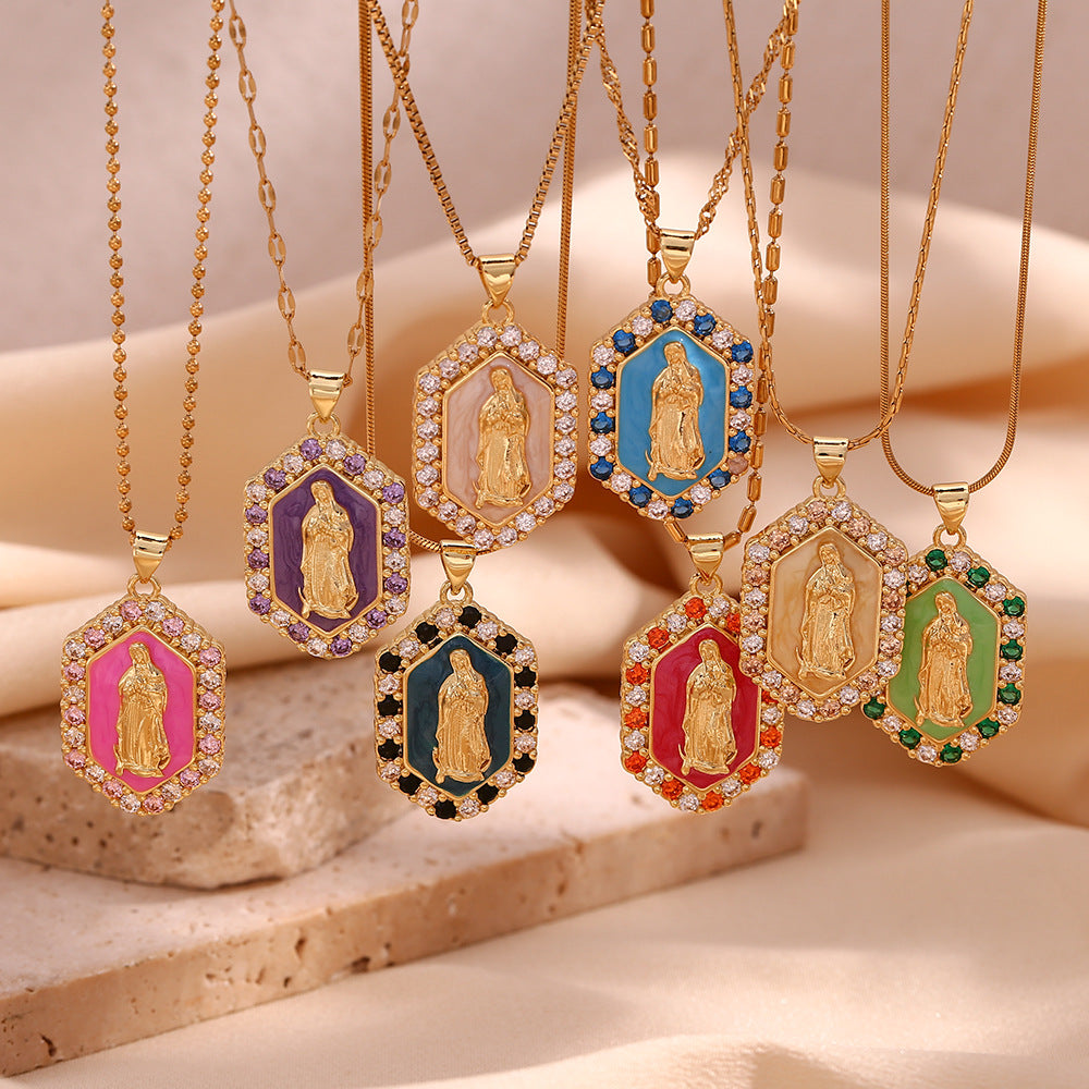 Vintage Fashion Hexagonal Titanium Steel Pendant Necklace with 18K Gold Plating and Enamel Finish