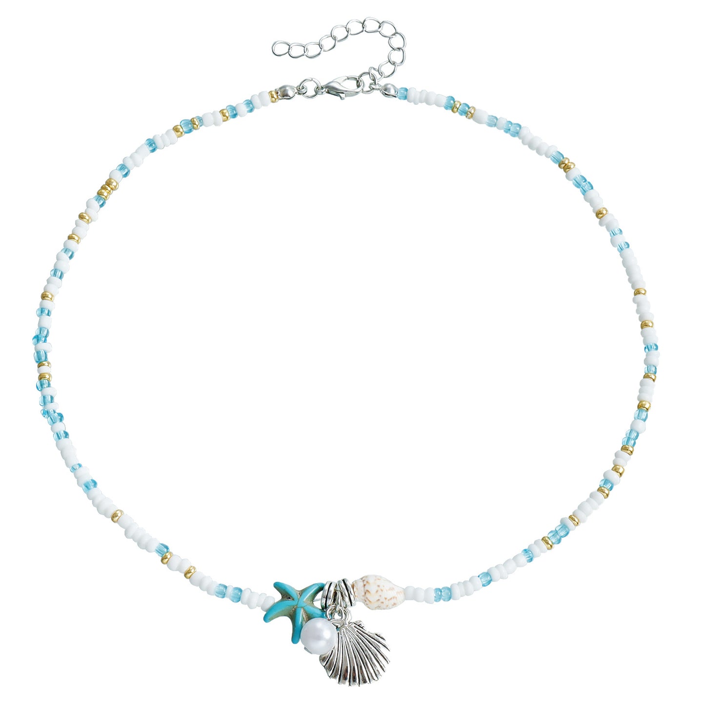 Bohemian Starfish Pendant Necklace for Women with Geometric Seashell Beads and Alloy Plated Clavicle Chain