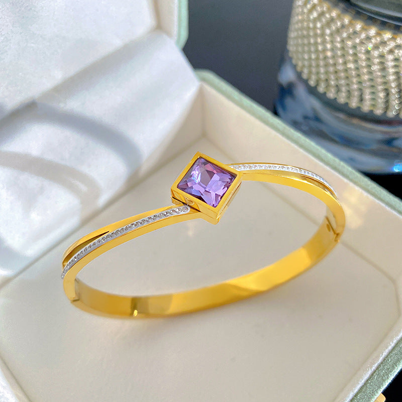Minimalist Elegant Square Geometric Micro-Inlaid Cubic Zirconia Titanium Steel Bracelet for Women