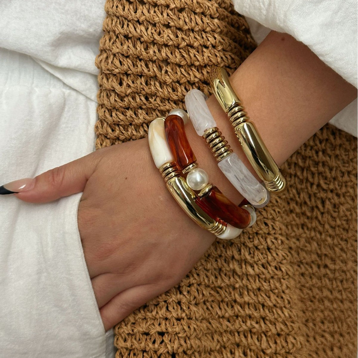 Vintage Geometric Plated Acrylic Beaded Bamboo Joint Cuff Bracelet Set
