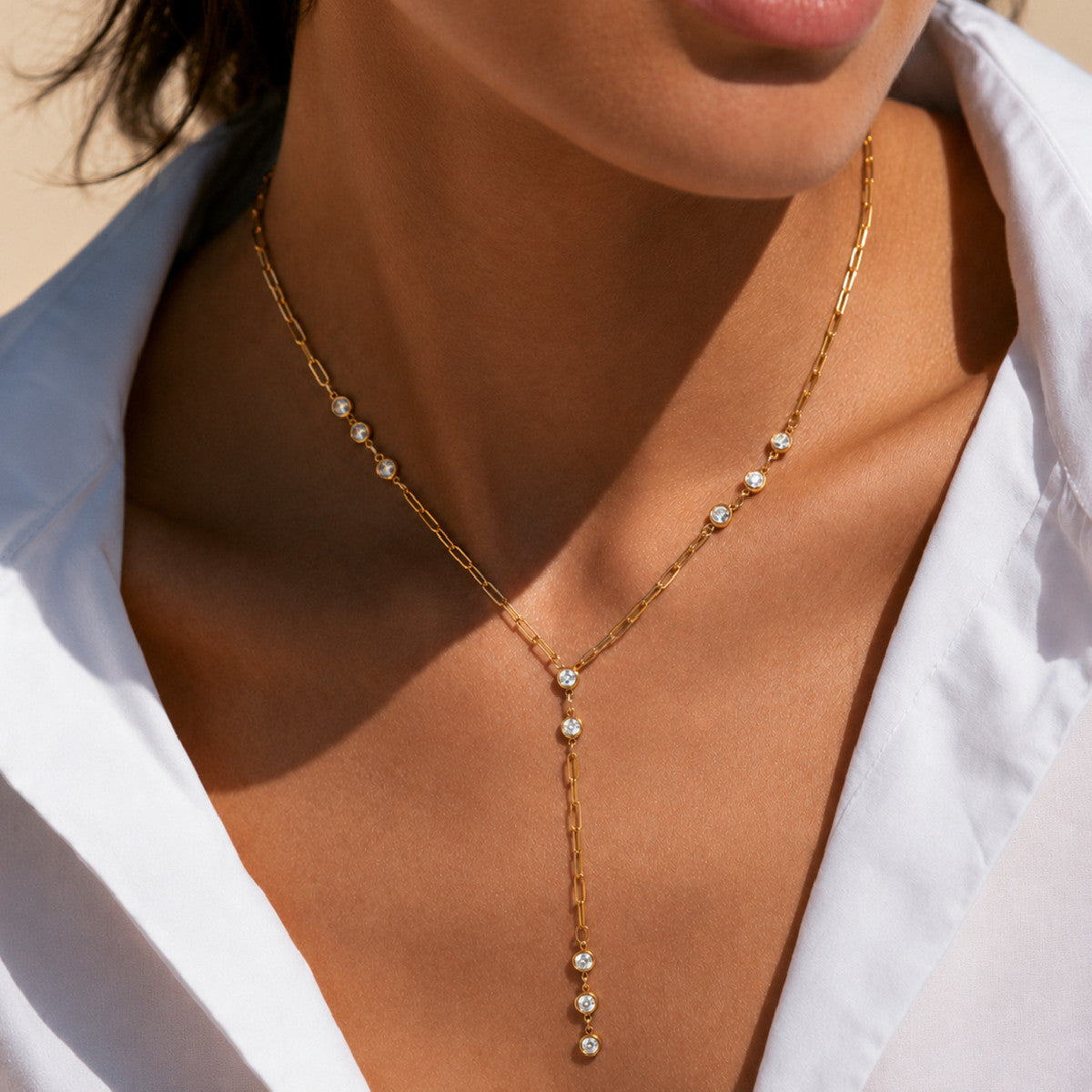 Luxury Minimalist Round Geometric Cubic Zirconia Pendant 18K Gold Plated Stainless Steel Y-Shape Tassel Necklace for Women