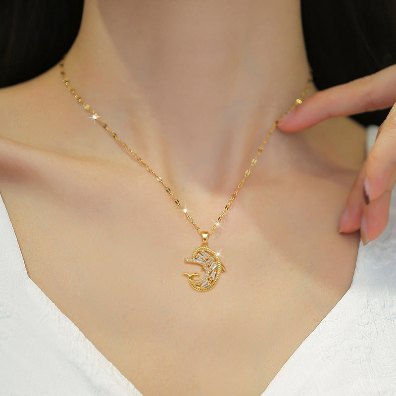Minimalist Dolphin Pendant Necklace for Women in Titanium Steel with Rhinestone Inlay on Delicate Clavicle Chain