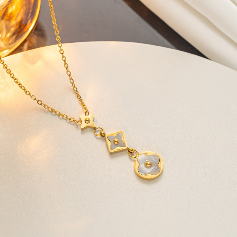 Minimalist Clover-Shaped Titanium Steel Bracelet Set with Gold Inlay for Women, O-Chain Design, Lightweight and Fade-Resistant
