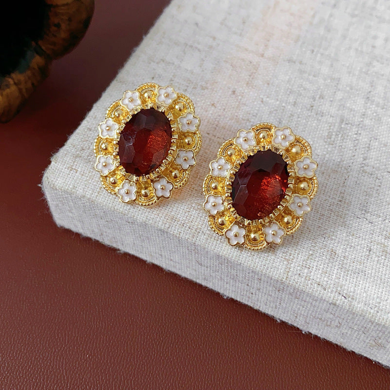 Orecchini floreali e a foglia vintage con finitura smaltata, perle imitate e strass, perni in acciaio inossidabile, design geometrico rotondo da donna