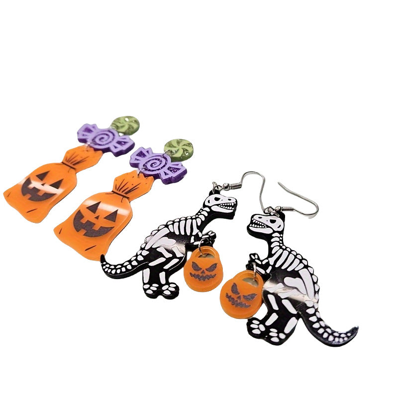 Pendientes con forma de calavera acrílica, dinosaurio y calabaza de Halloween, para mujer, con diseño geométrico y de muñeca