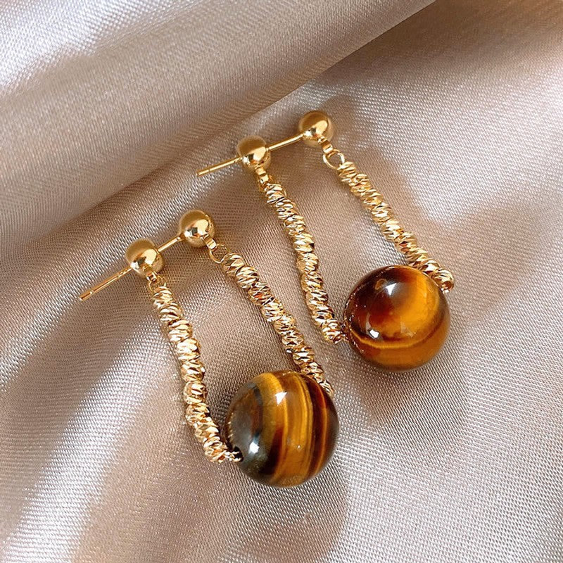 Orecchini a perno geometrici vintage in occhio di tigre, in acciaio placcato oro 18 carati da donna