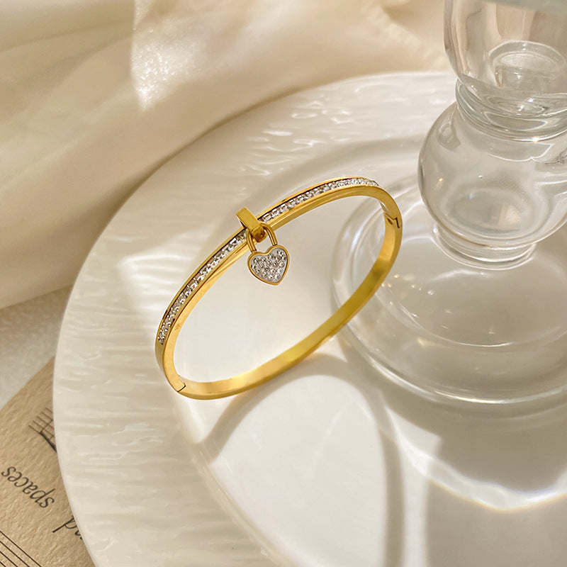 Micro-Paved Diamond Heart Lock Titanium Steel Bracelet for Women