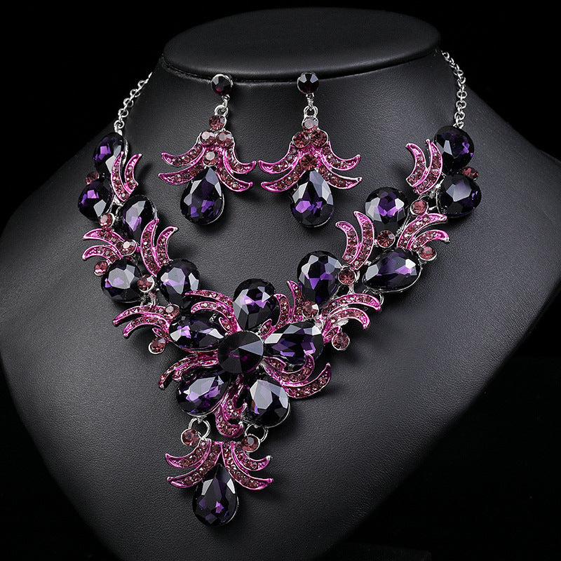 Personalized Exaggerated Purple Alloy Waterdrop Necklace and Earring Set with Rhinestone Inlay for Women Wedding