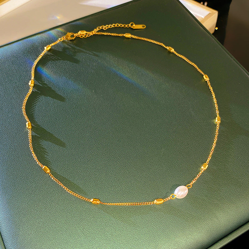 Luxury Casual Titanium Steel Serpentine Chain Necklace with Pearl Inlay