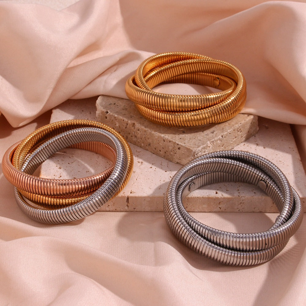 Minimalist Titanium Steel Bracelet with 18K Gold Plated Triple-Wrap Elastic Snake Chain for Women