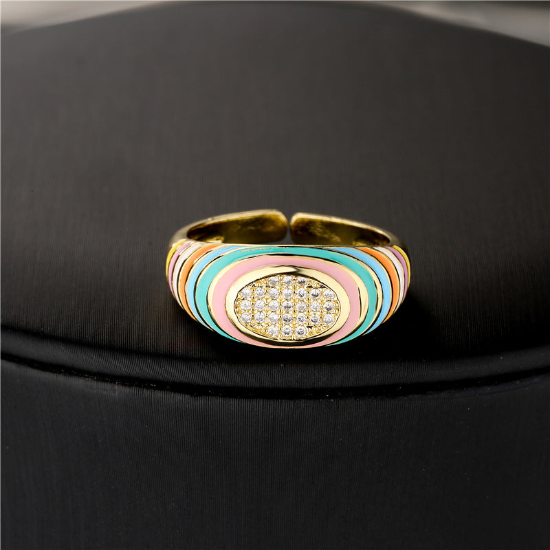 Candy Color Drip Oil Brass Geometric Ring with Micro-set Cubic Zirconia for Women