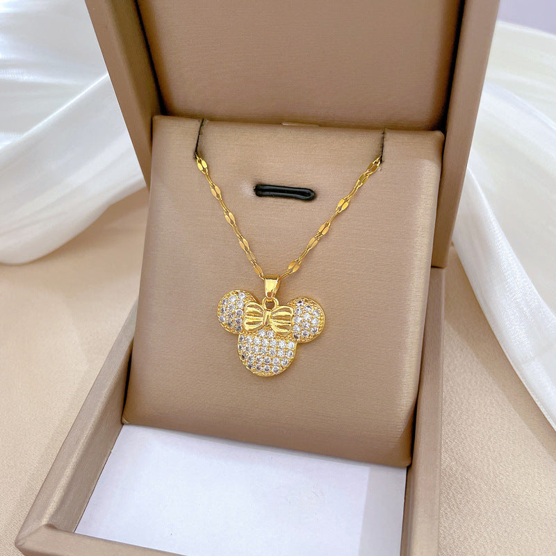 Luxury Sweet Geometric Rhinestone Mouse Pendant Necklace in Titanium Steel Chain