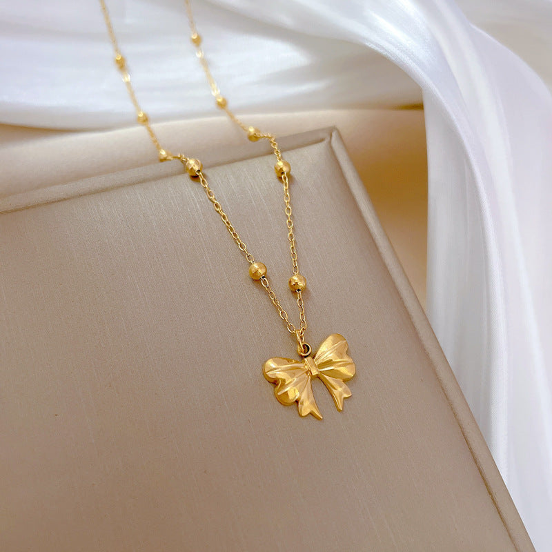 Collar de cadena de cuentas de mariposa, de acero de titanio chapado, con colgante geométrico floral, para mujer