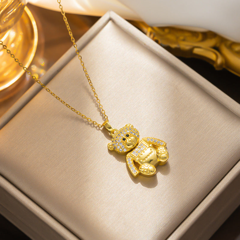 Collar con colgante de oso minimalista de lujo para mujer en acero de titanio con incrustaciones de diamantes de imitación en cadena tipo O