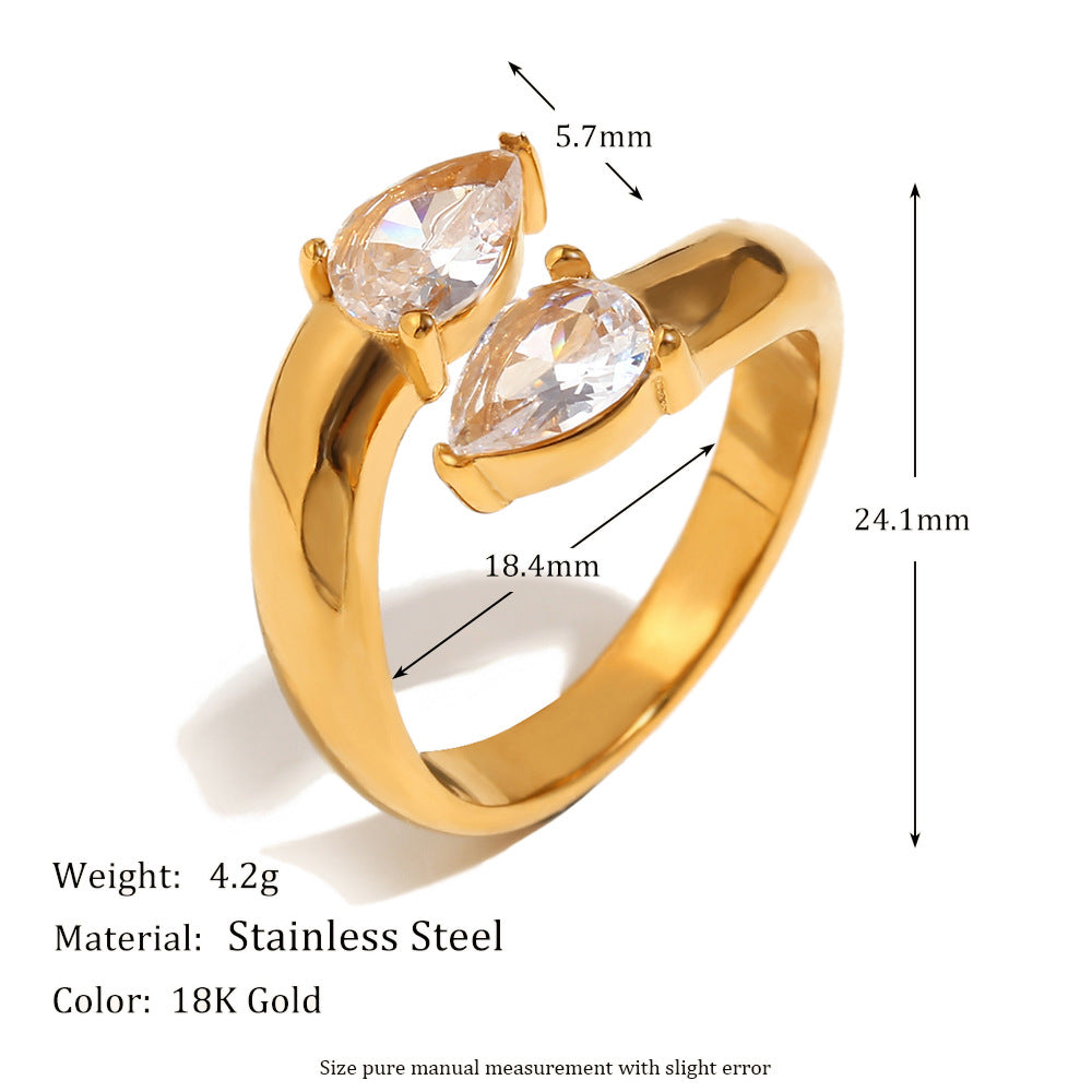 Anillo Minimalista de Acero Inoxidable en Forma de Gota de Agua con Baño de Oro de 18K y Detalles de Zirconia para Mujer