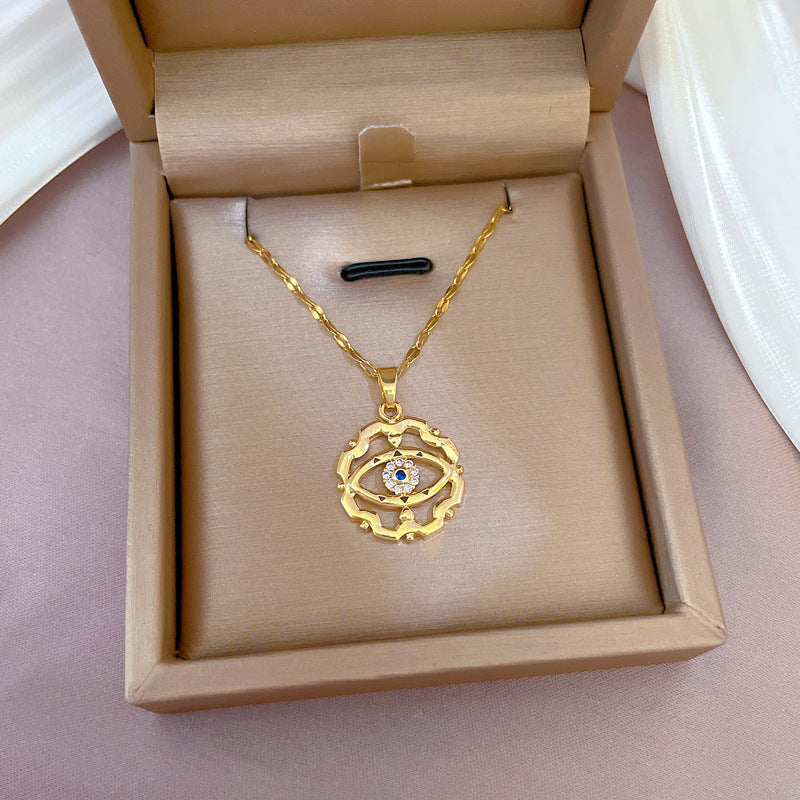 Luxury Geometric Evil Eye Necklace in Titanium Steel with Micro-Paved Zirconia, Gold-Plated Pendant and Chain