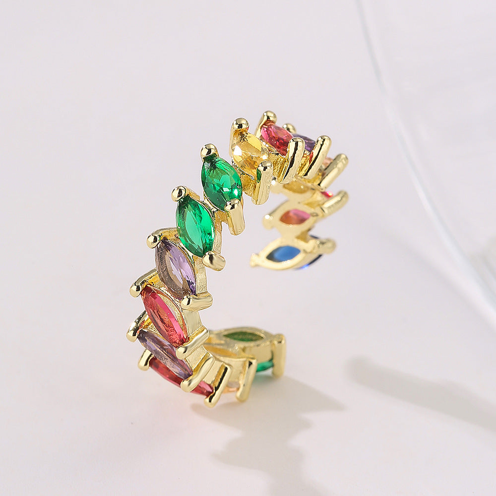 Geometric Open Ring for Women in Copper with 18K Gold Plating and Rainbow Zircon Inlay
