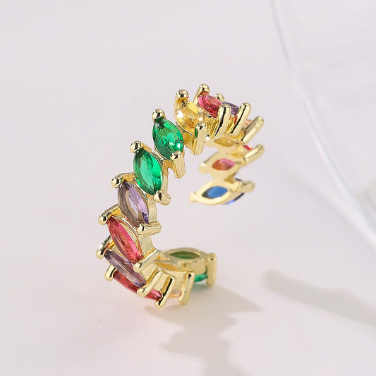 Geometric Open Ring for Women in Copper with 18K Gold Plating and Rainbow Zircon Inlay
