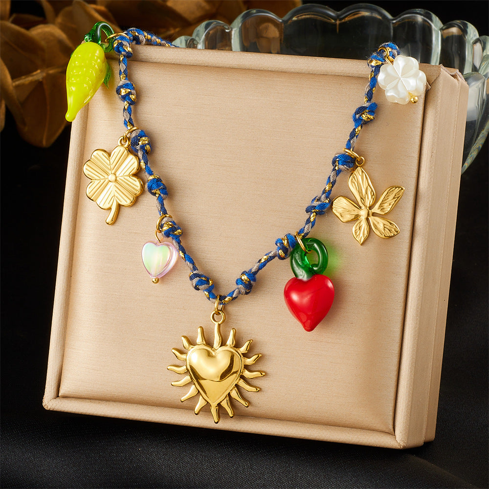 Sweet Drip Oil Heart and Floral Plated Stainless Steel Necklace