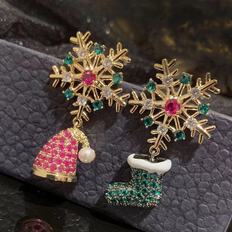 Elegant S925 Sterling Silver Christmas Tree Stud Earrings for Women with Rhinestone Inlay Snowflake Motif