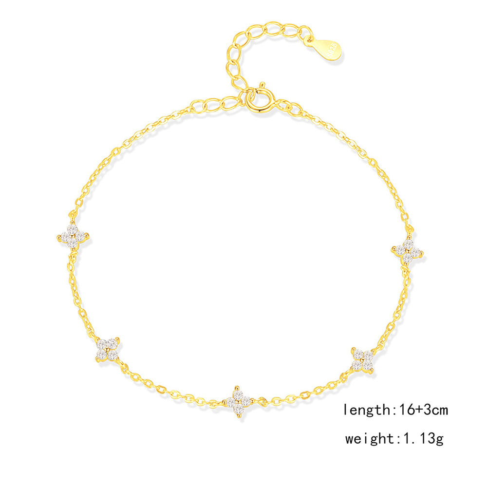 Cadena de mano de plata de ley S925 con diseño floral minimalista y detalles de pedrería para mujer