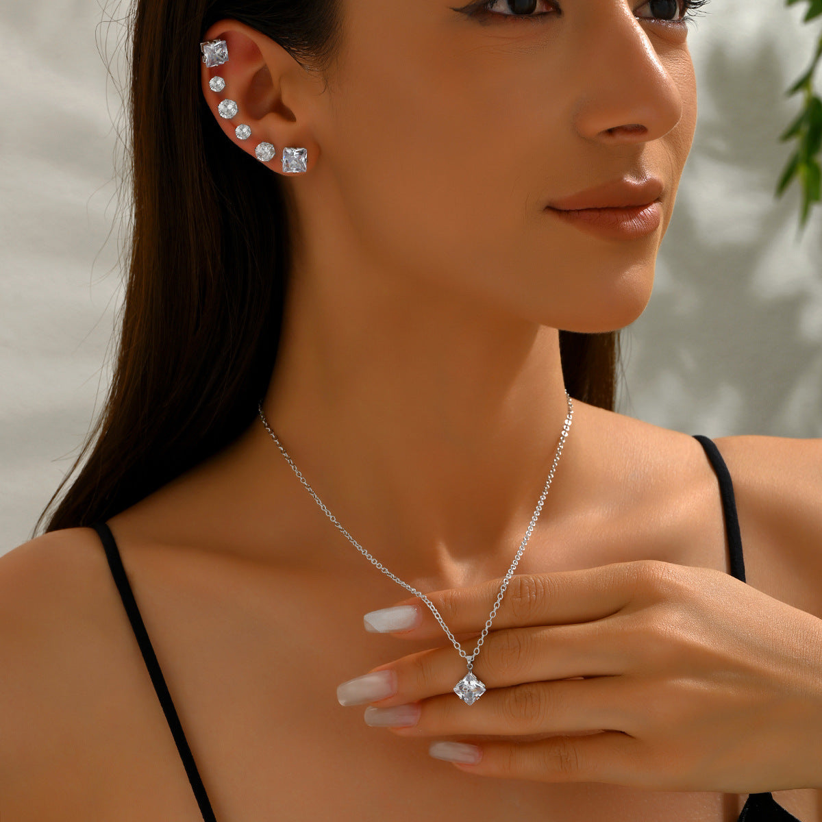 Conjunto de collar y pendientes con incrustaciones de circonita geométrica para mujer, joyería de moda de aleación