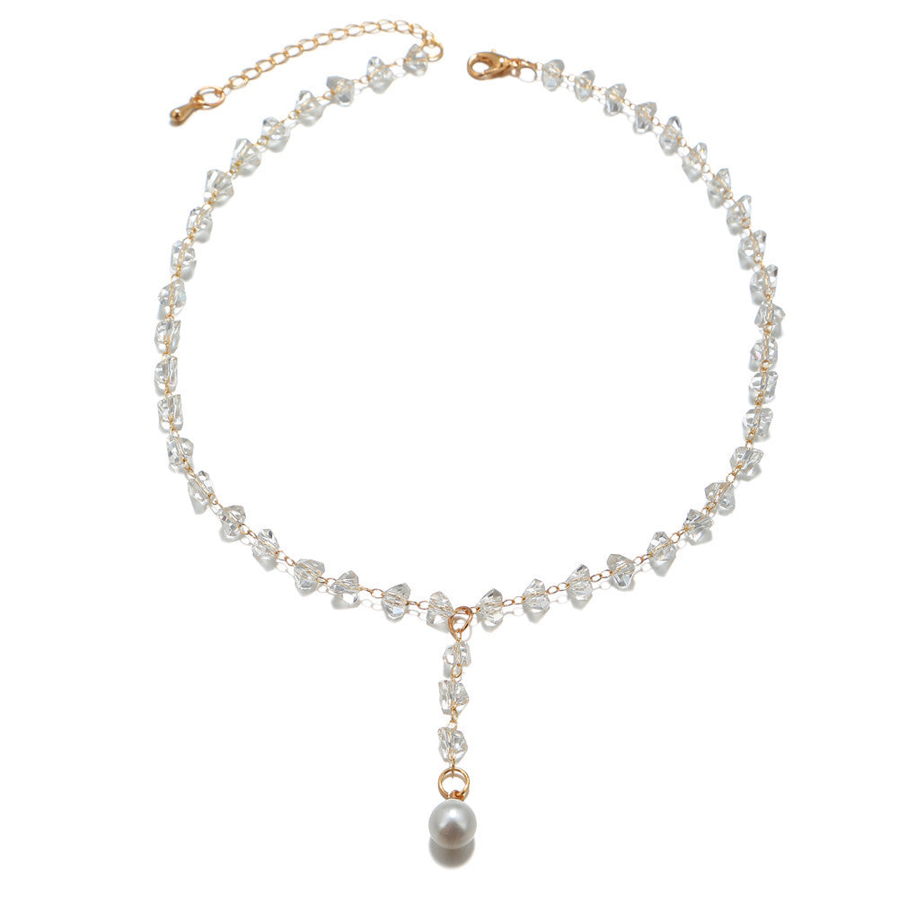 Sweet Geometric Crystal Pearl Pendant Alloy Necklace for Women with Cable Chain