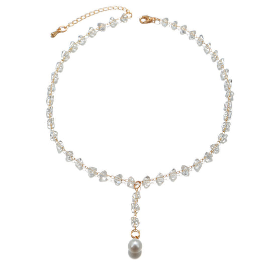 Sweet Geometric Crystal Pearl Pendant Alloy Necklace for Women with Cable Chain