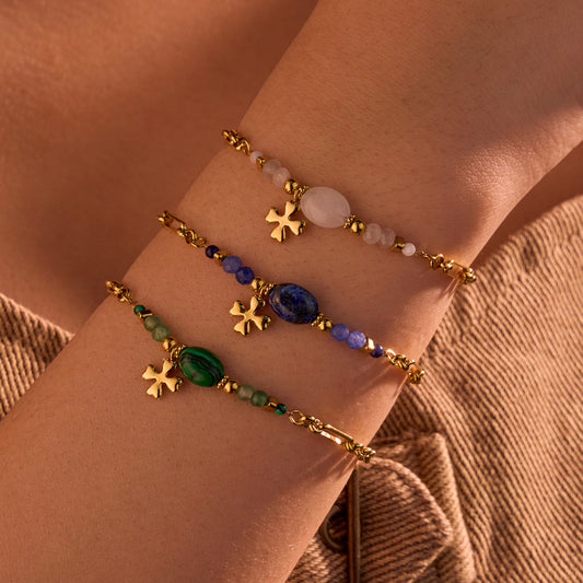 Bracciale da donna minimalista a forma di trifoglio in acciaio al titanio con intarsio in lapislazzuli