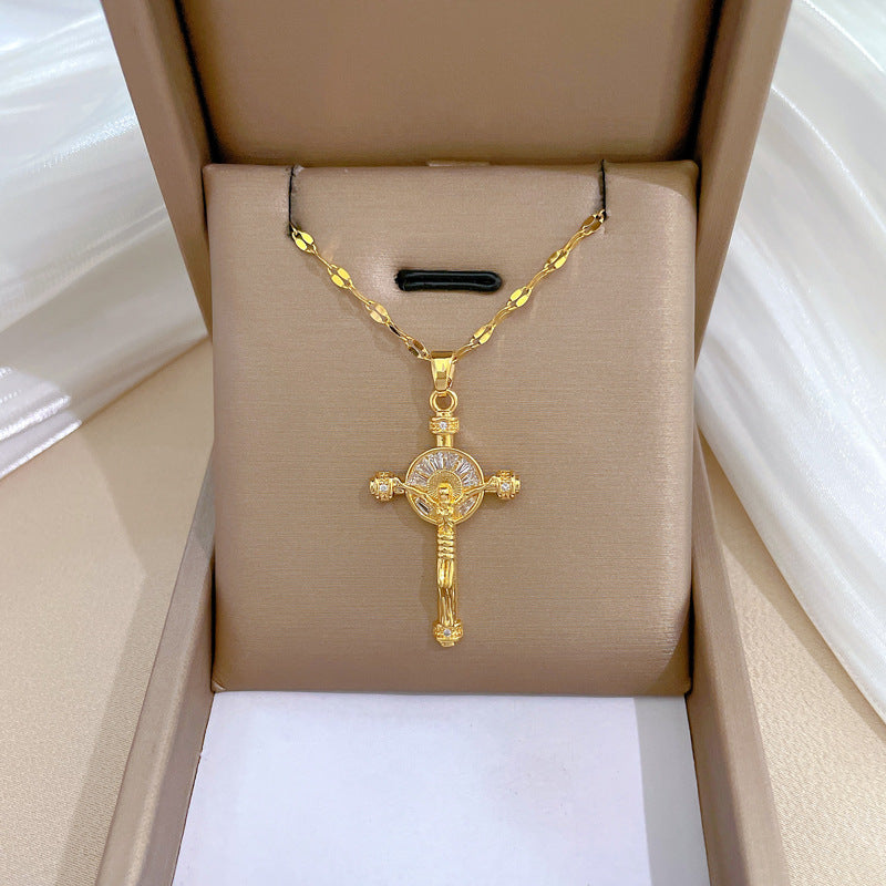 Collana Pendente a Croce di Lusso in Acciaio al Titanio con Intarsi di Strass per Donna e Uomo Catenina
