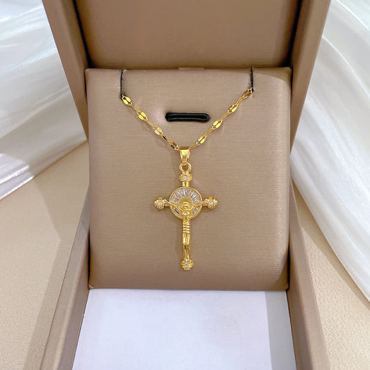 Luxury Titanium Steel Cross Pendant Necklace with Rhinestone Inlay for Women and Men Collar Chain