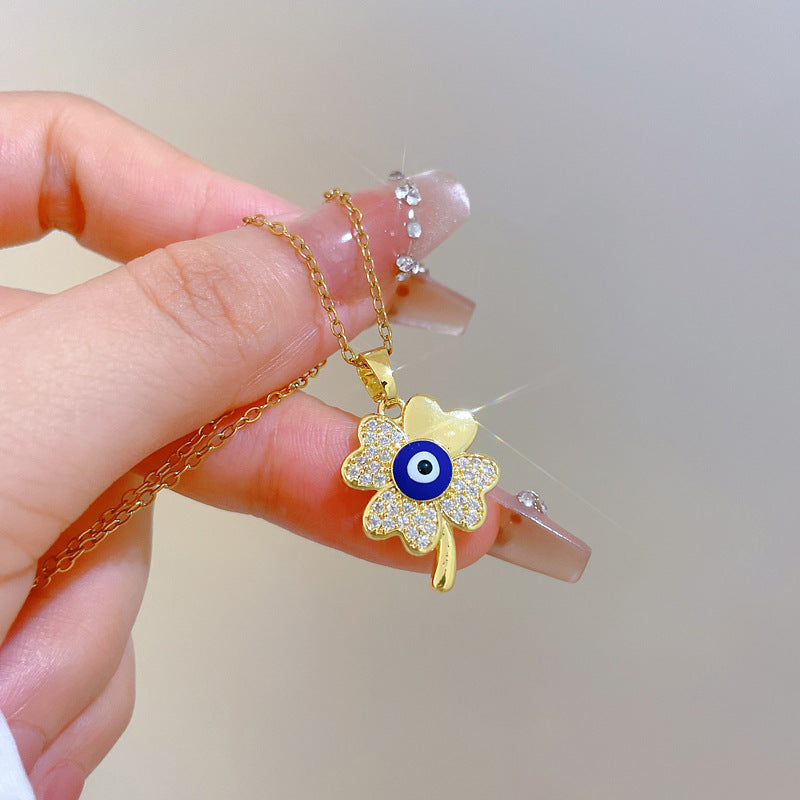Sweet Minimalist Geometric Rhinestone Clover Eye Necklace Titanium Steel Cable Chain for Unisex