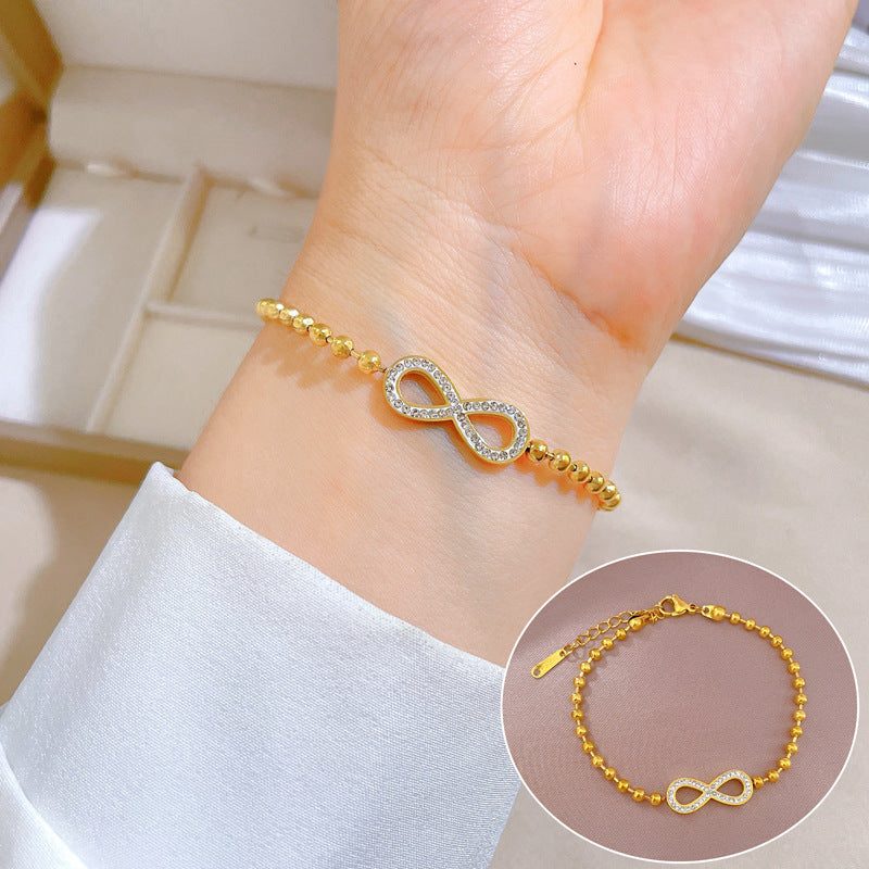 Vintage Bohemian Sweet Fresh Titanium Steel 8-Shape Round Bead Bracelet with Wavy Texture and Four-Season Bean Motif for Unisex