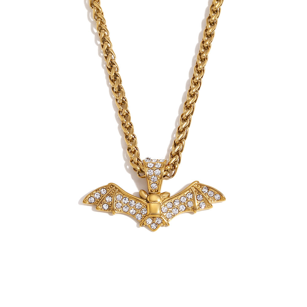 Fashionable Bat-Shaped Pendant Necklace for Women Stainless Steel with 18K Gold Plating and Full Rhinestone Inlay on Standard Chain