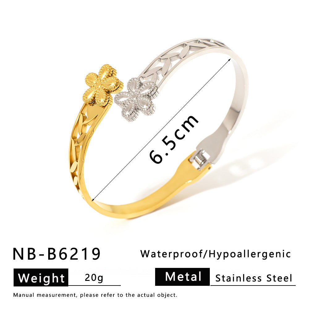 Minimalist Asymmetrical Stainless Steel Bracelet with Gold Plating Featuring Floral and Star Motifs and Linear Design