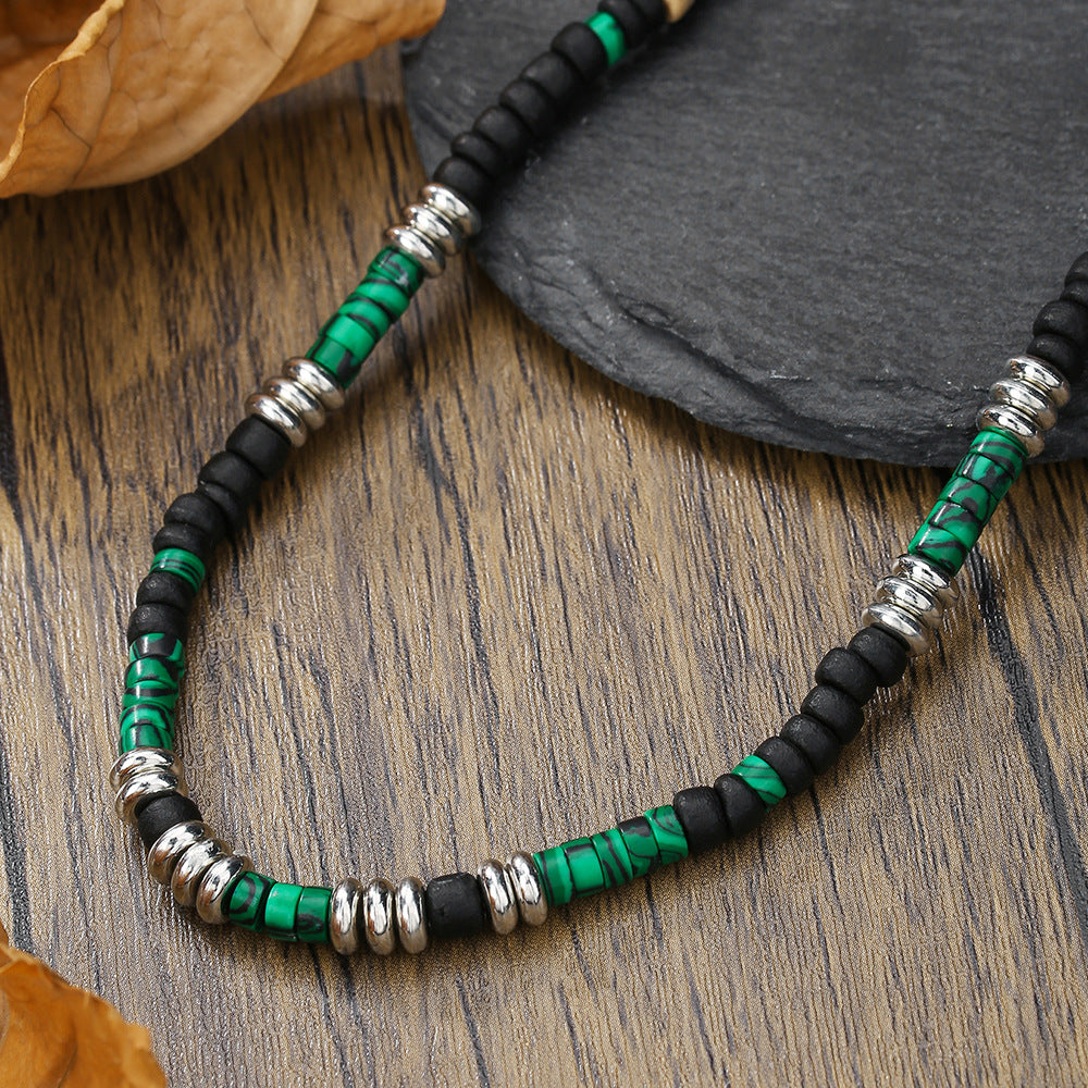 Geometric Round Wood Stainless Steel Ball Chain Necklace with Green Peacock Gemstone for Unisex