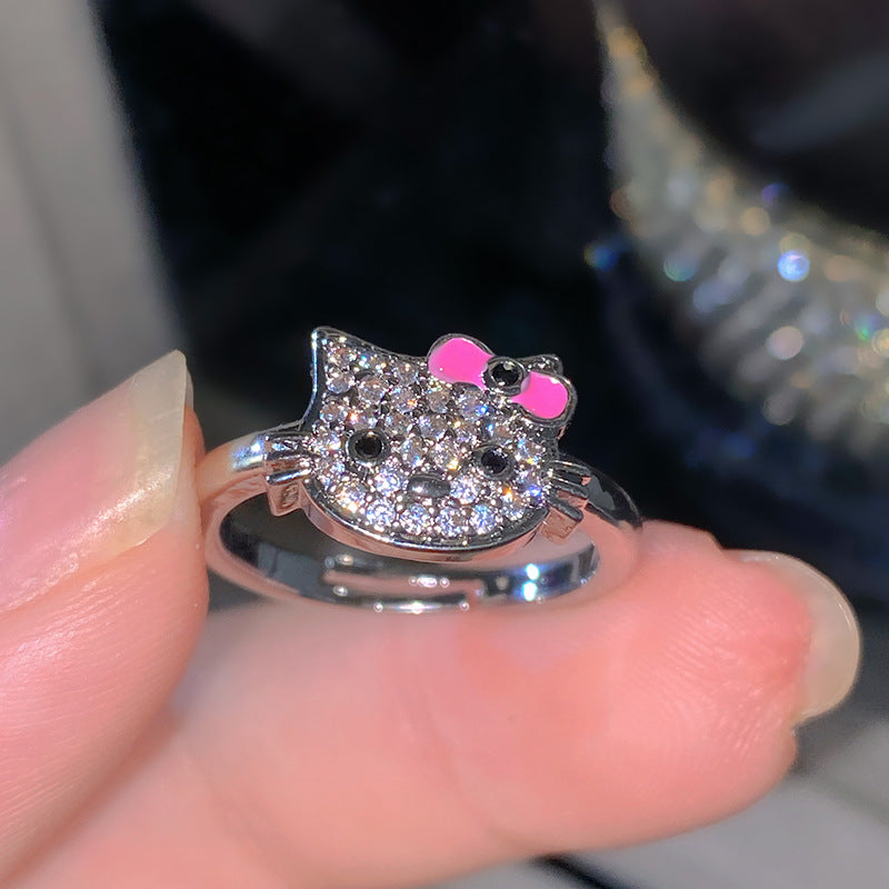 Sweet Elegant Heart Butterfly Brass Ring with Cubic Zirconia Handmade Adjustable