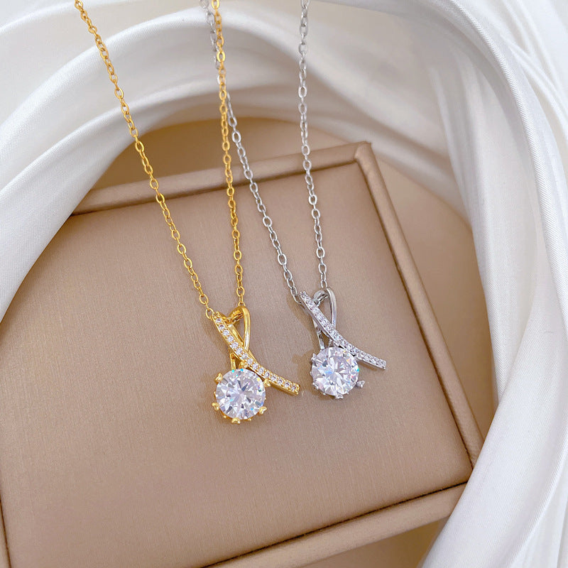Geometric Cross Heart Zirconia Luxury Necklace for Women Stainless Steel Snake Chain with Moon Motif