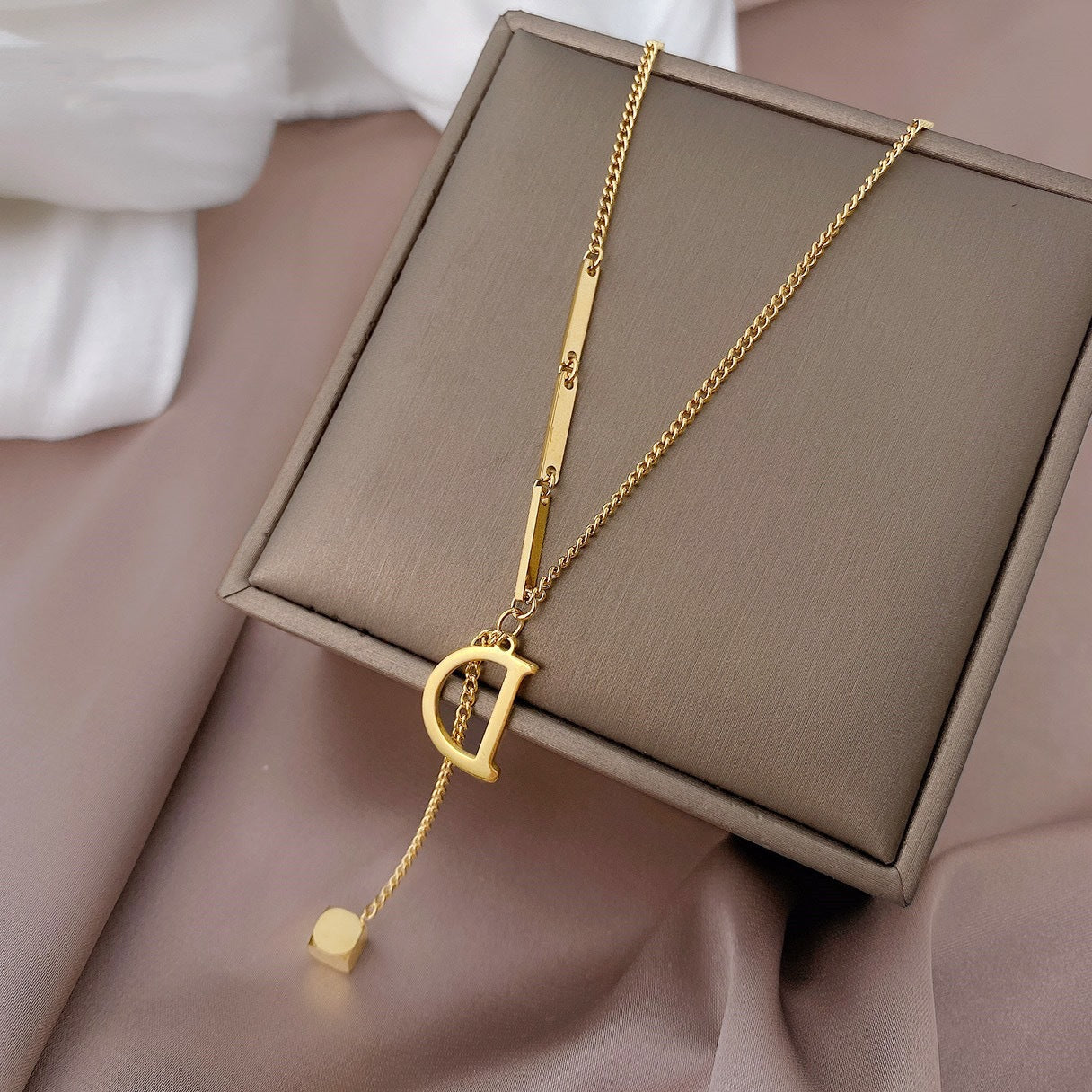 Minimalist Letter D Pendant Necklace in Titanium Steel with Real Gold Plating for Women