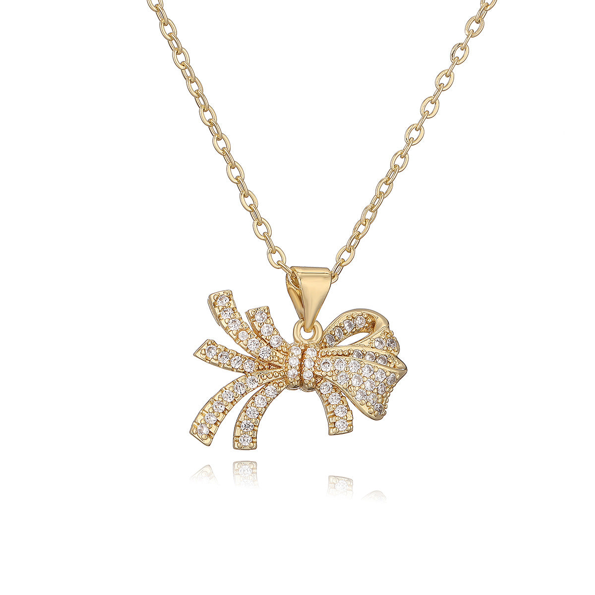 Minimalist Bow-Shaped Copper Pendant Necklace for Women with Zircon Accents, Delicate Clavicle Chain