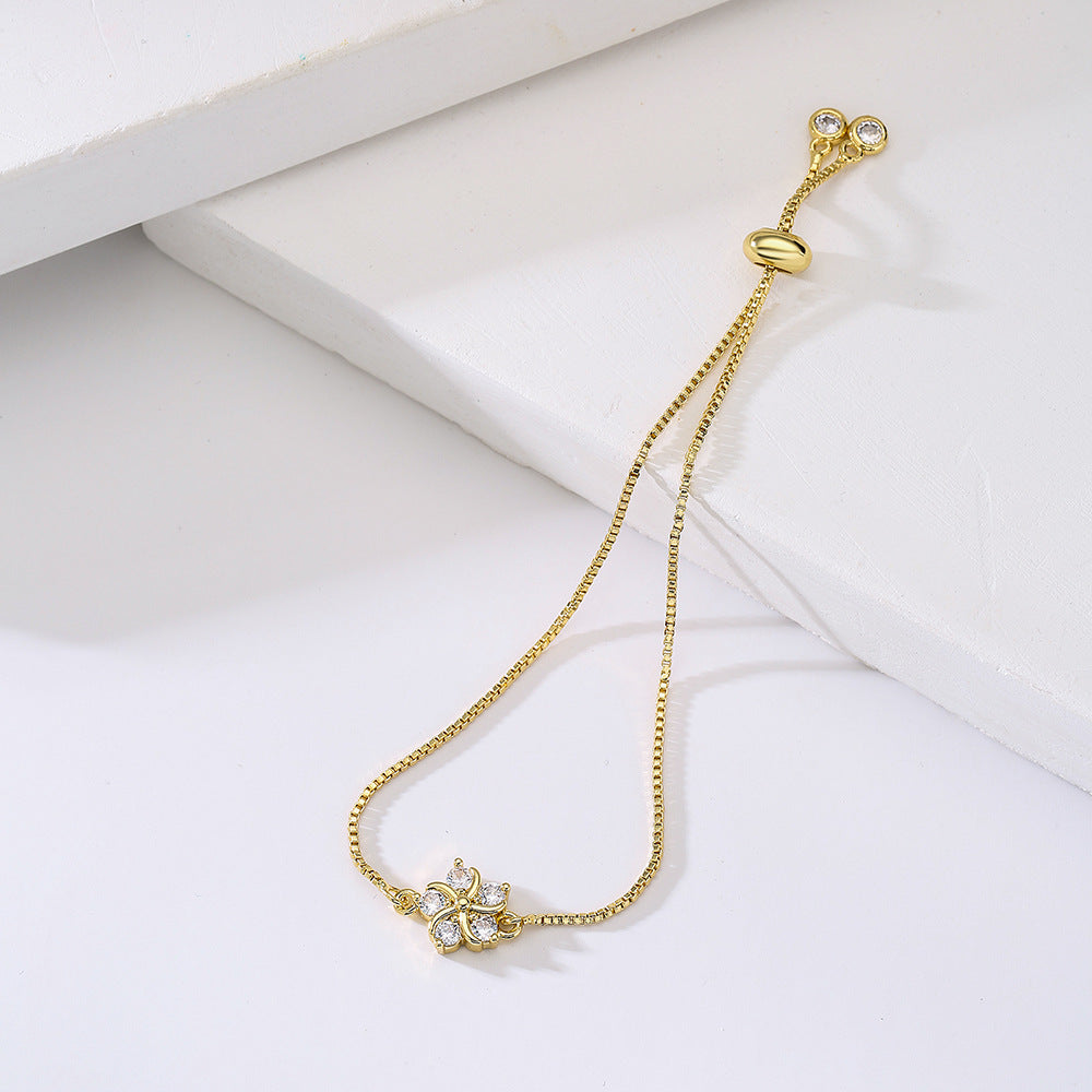 Elegante Bracciale Floreale in Stile Francese con Cordino Regolabile per Donne, Realizzato in Rame, Design Geometrico Minimalista